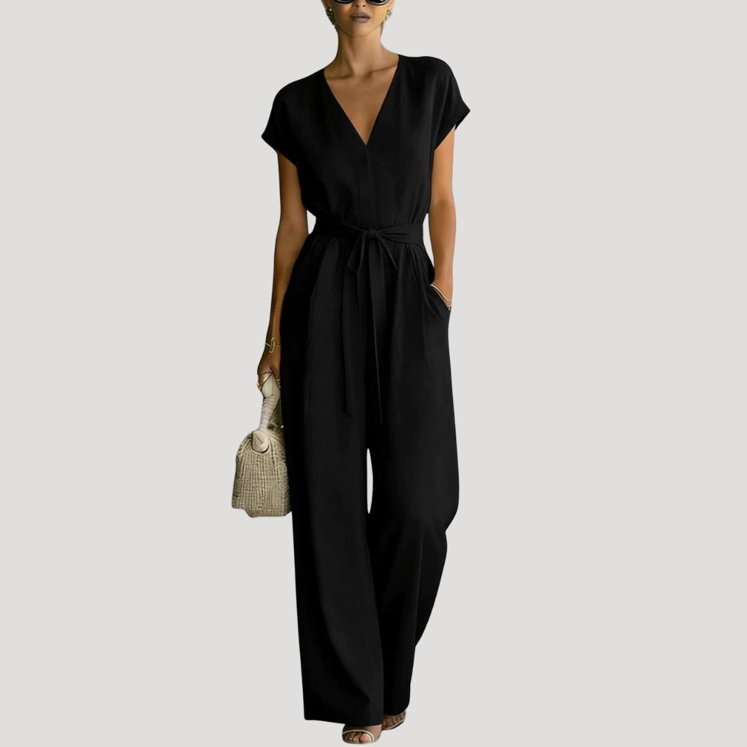 Ophelia | V Neck Wide Leg Tie Waist Jumpsuit