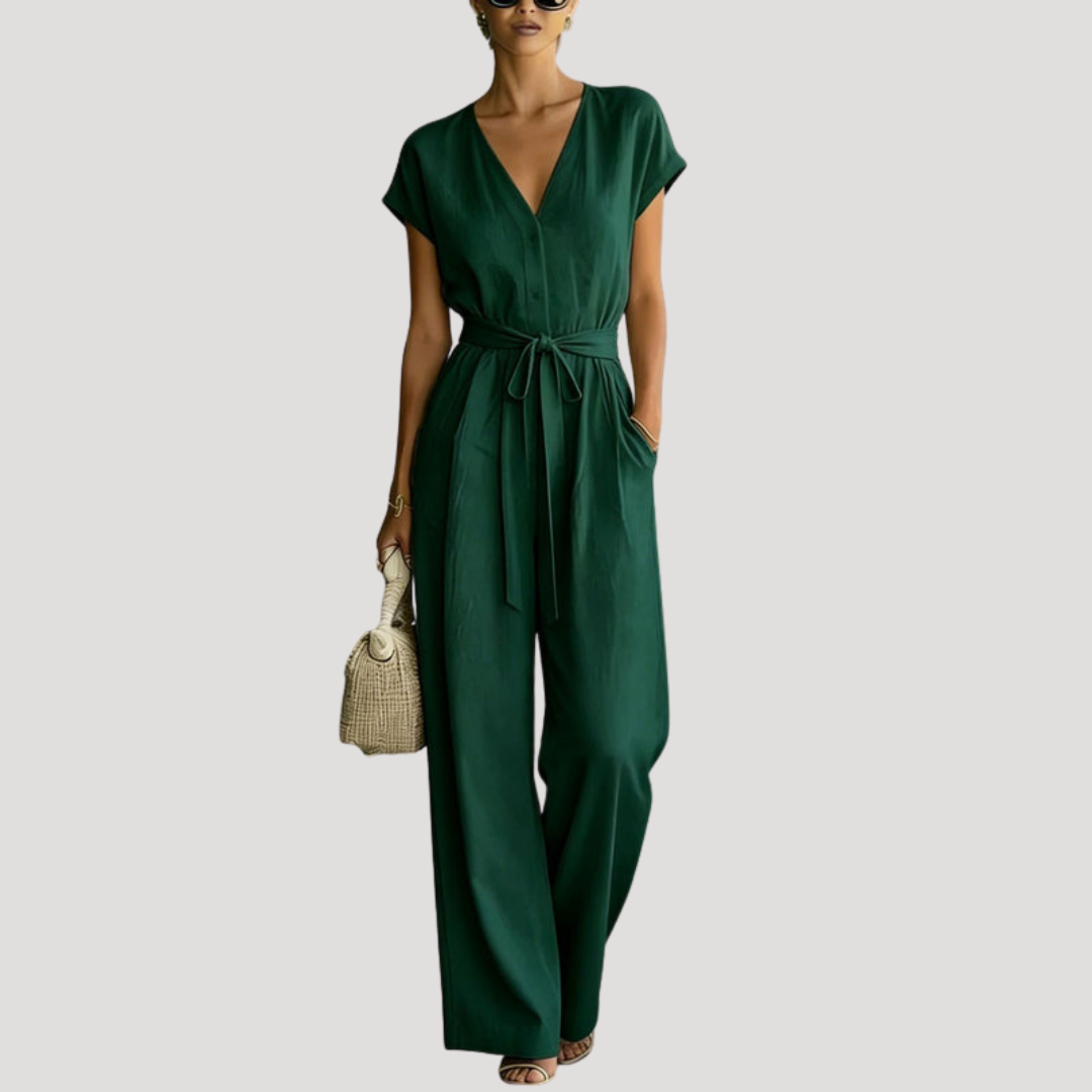 Ophelia | V Neck Wide Leg Tie Waist Jumpsuit