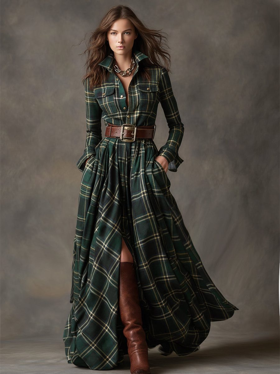Paloma | Plaid Maxi Shirt Dress with Belt for Women