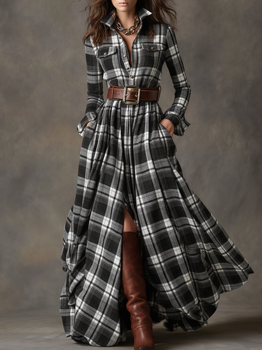 Paloma | Plaid Maxi Shirt Dress with Belt for Women
