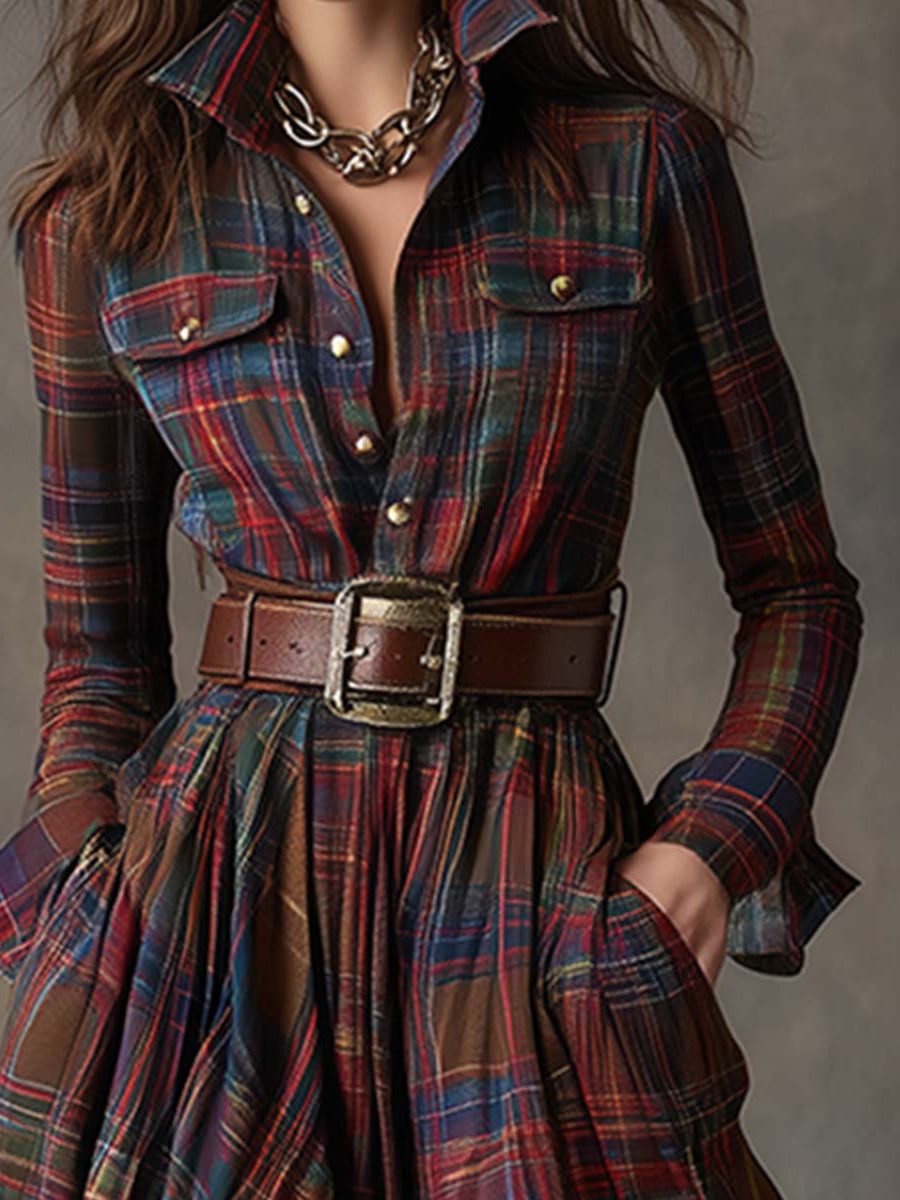 Paloma | Plaid Maxi Shirt Dress with Belt for Women