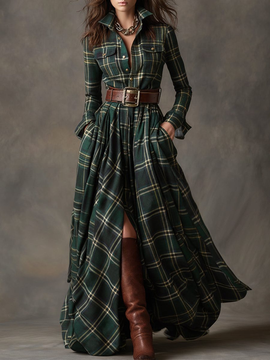 Paloma | Plaid Maxi Shirt Dress with Belt for Women