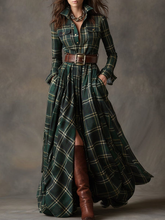 Paloma | Plaid Maxi Shirt Dress with Belt for Women