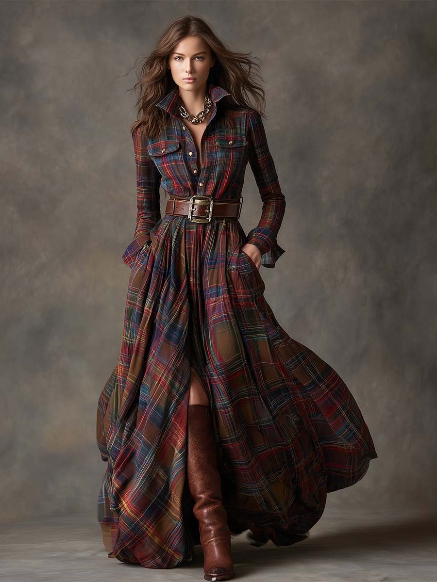 Paloma | Plaid Maxi Shirt Dress with Belt for Women