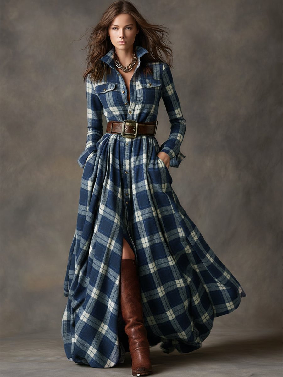 Paloma | Plaid Maxi Shirt Dress with Belt for Women