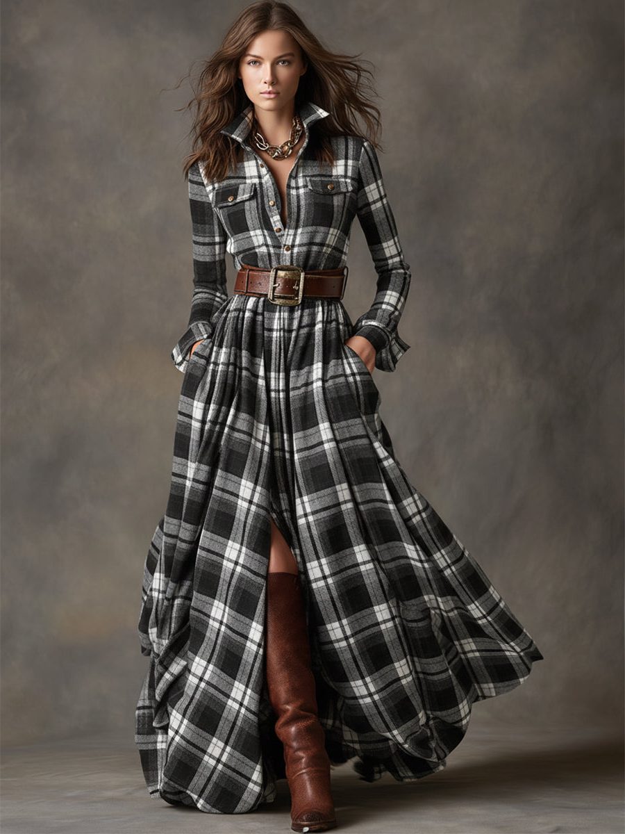 Paloma | Plaid Maxi Shirt Dress with Belt for Women