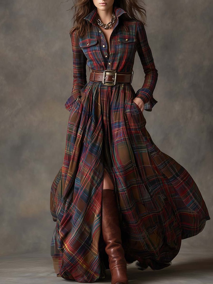 Paloma | Plaid Maxi Shirt Dress with Belt for Women