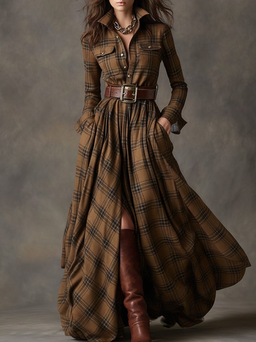 Paloma | Plaid Maxi Shirt Dress with Belt for Women