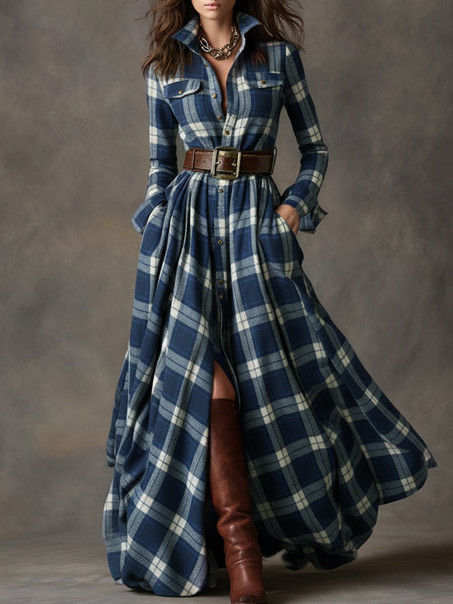 Paloma | Plaid Maxi Shirt Dress with Belt for Women