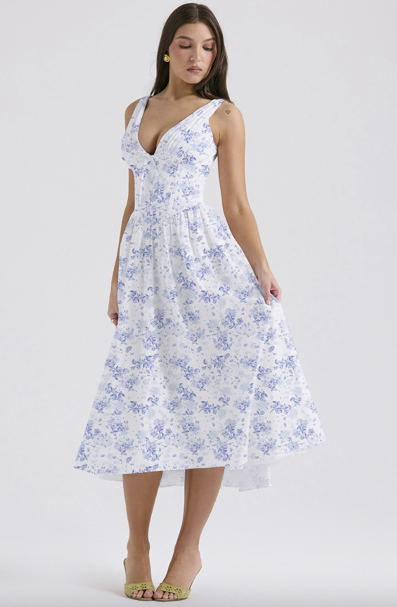 Saffron | Wedding Guest A-Line Midi Dress with V-Neck for Women