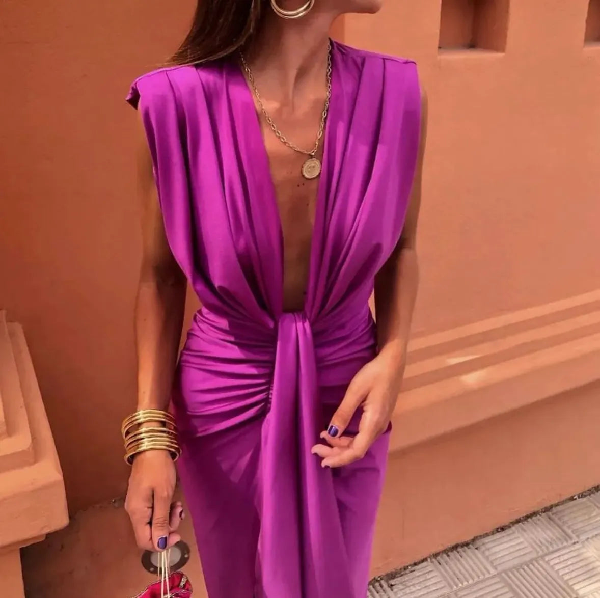 Amelia | Wedding Guest Pleated Midi Dress with V-Neck for Women