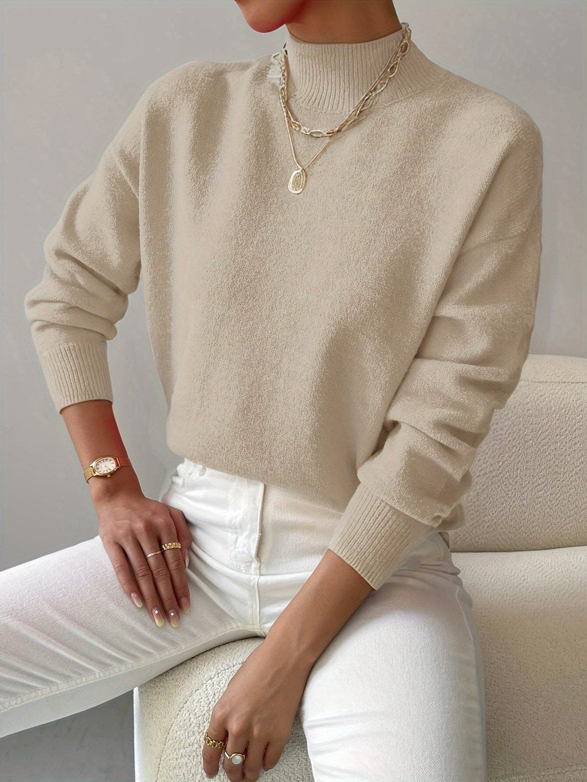 Ribbed Knit Sweater with Roll Neck for Women