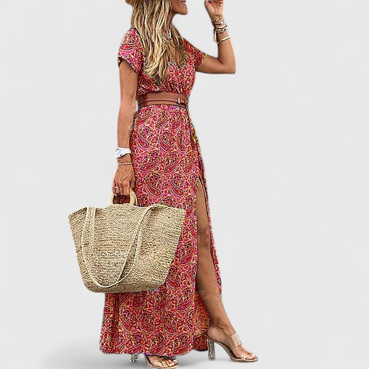 Elena | Short Sleeve Wrap Maxi Dress with Slit for Women