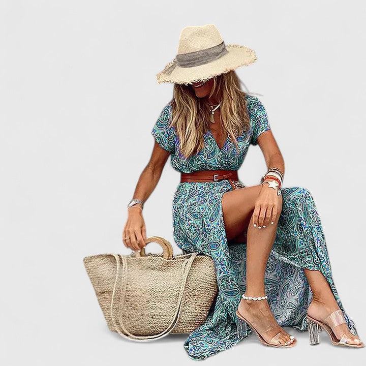 Elena | Short Sleeve Wrap Maxi Dress with Slit for Women