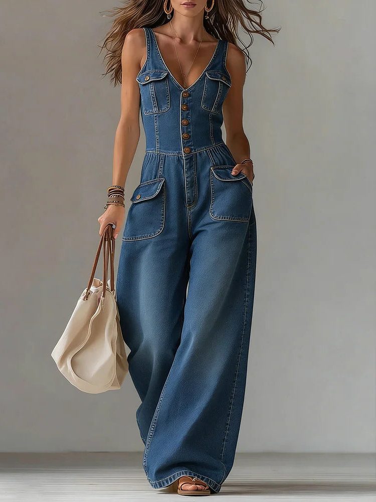Rosselle | Denim Wide Leg Jumpsuit for Women