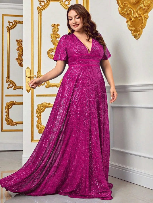 Sade | Sequin Maxi Dress with V-Neck and Short Sleeves for Women