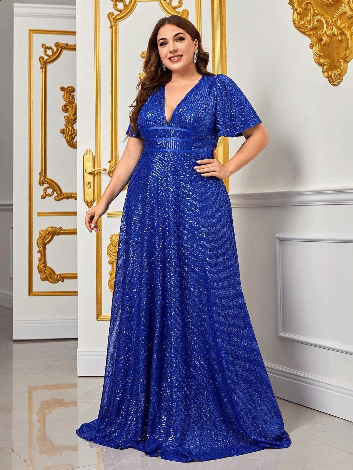 Sade | Sequin Maxi Dress with V-Neck and Short Sleeves for Women