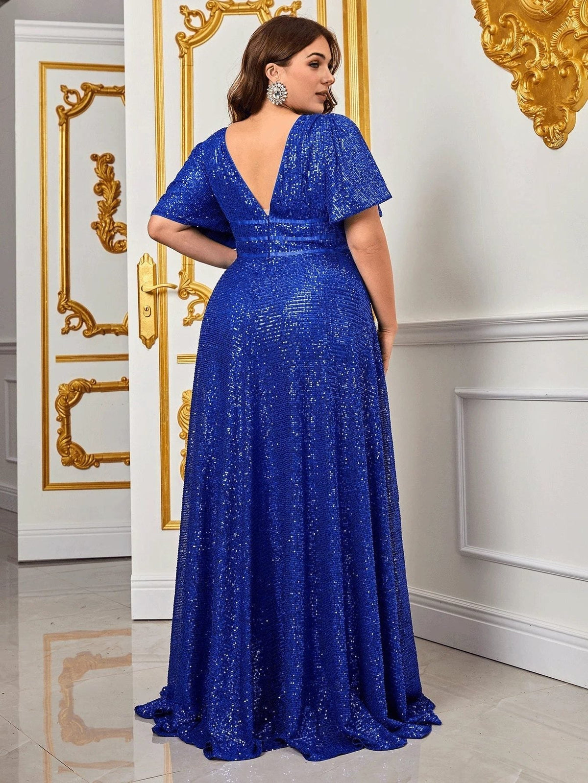Sade | Sequin Maxi Dress with V-Neck and Short Sleeves for Women