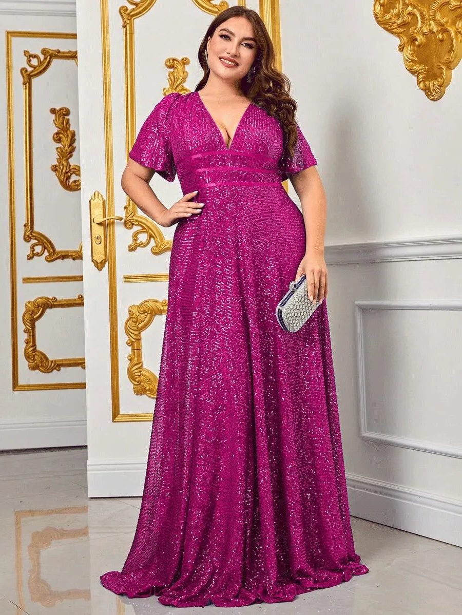 Sade | Sequin Maxi Dress with V-Neck and Short Sleeves for Women