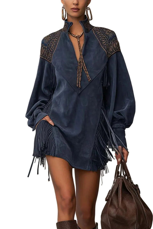 Serena | Faux Suede Mini Dress with Embroidery and Tassel Fringe for Women