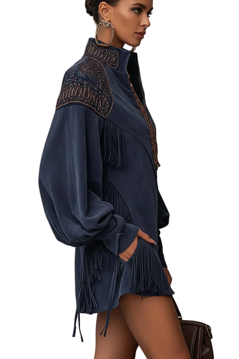 Serena | Faux Suede Mini Dress with Embroidery and Tassel Fringe for Women