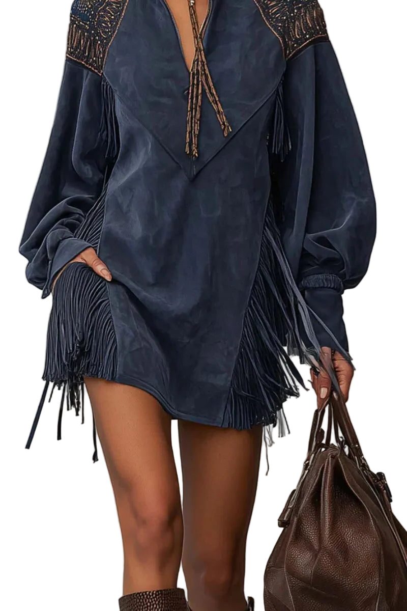 Serena | Faux Suede Mini Dress with Embroidery and Tassel Fringe for Women