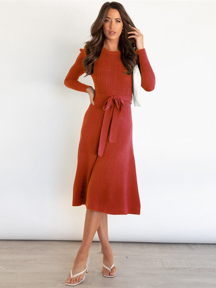 Silvana | Ribbed Knit Midi Dress with Belt for Women