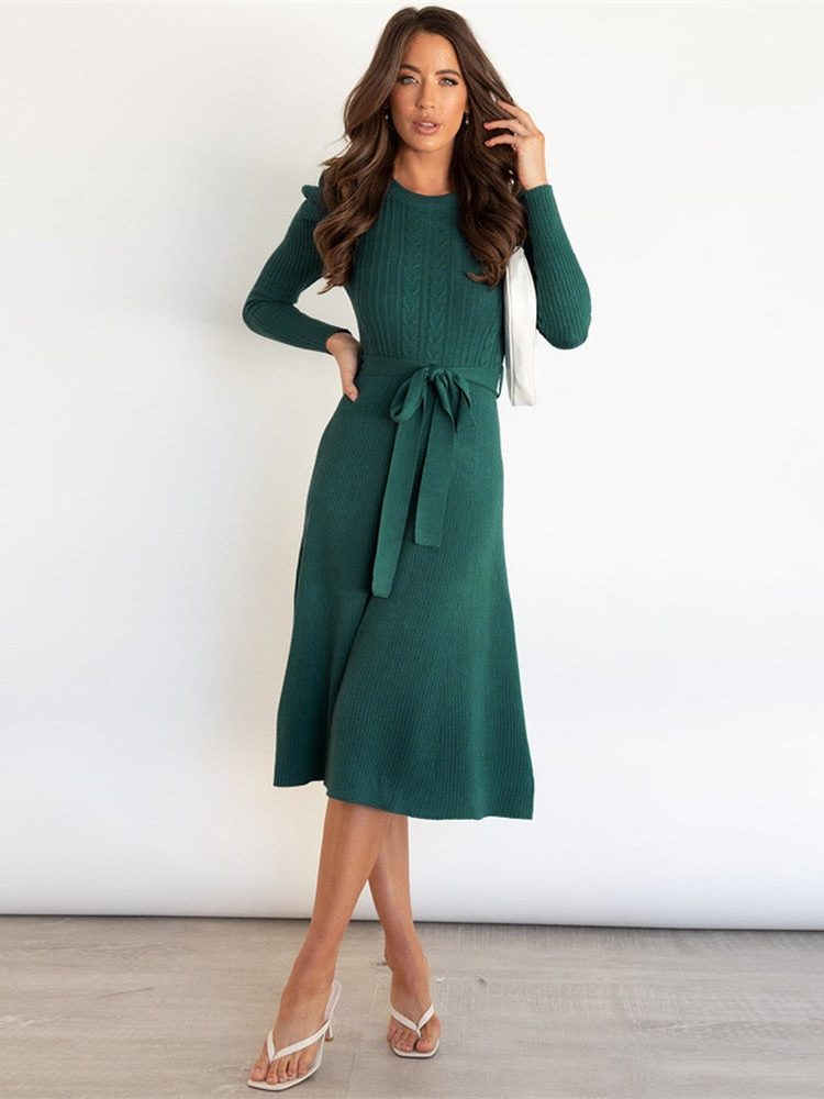 Silvana | Ribbed Knit Midi Dress with Belt for Women