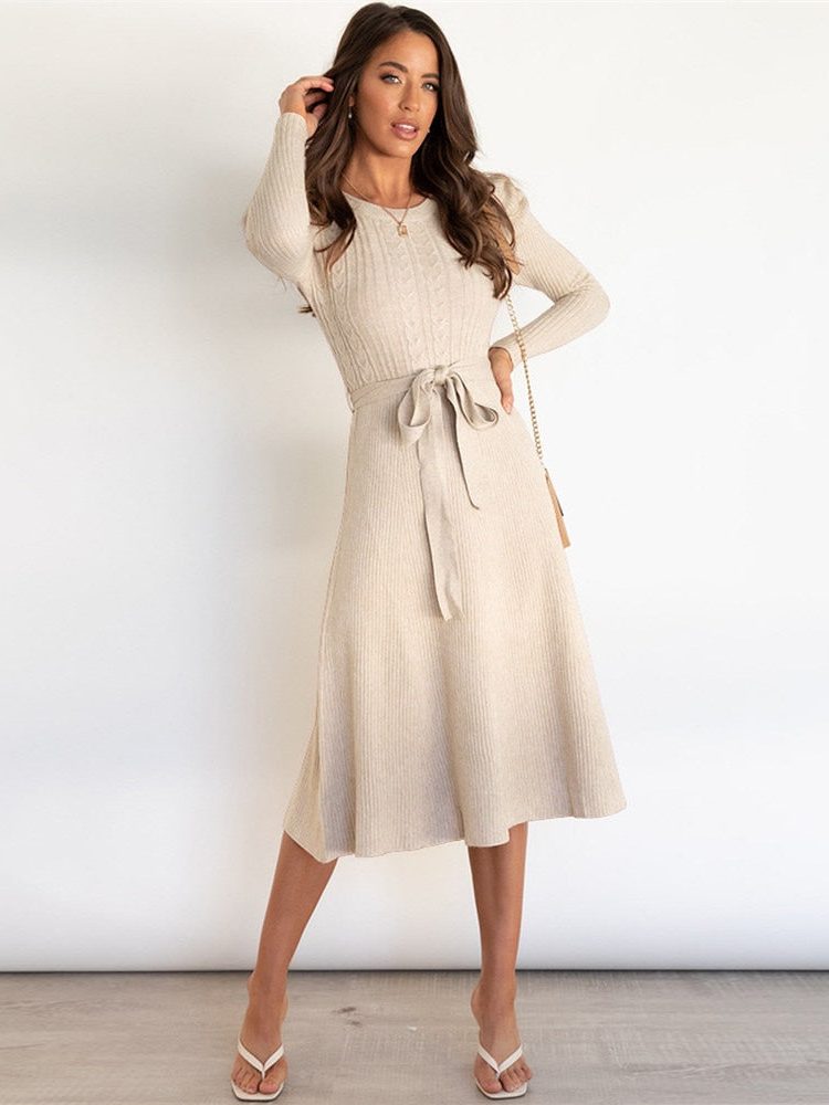 Silvana | Ribbed Knit Midi Dress with Belt for Women