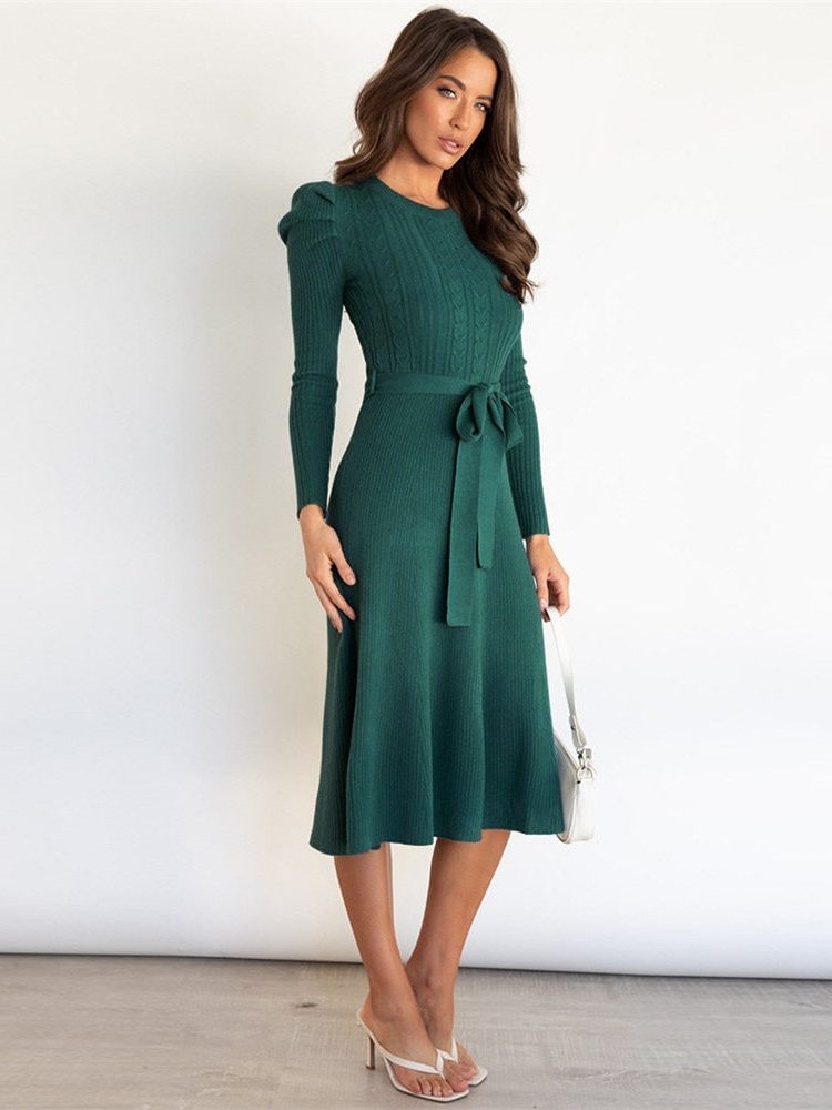 Silvana | Ribbed Knit Midi Dress with Belt for Women