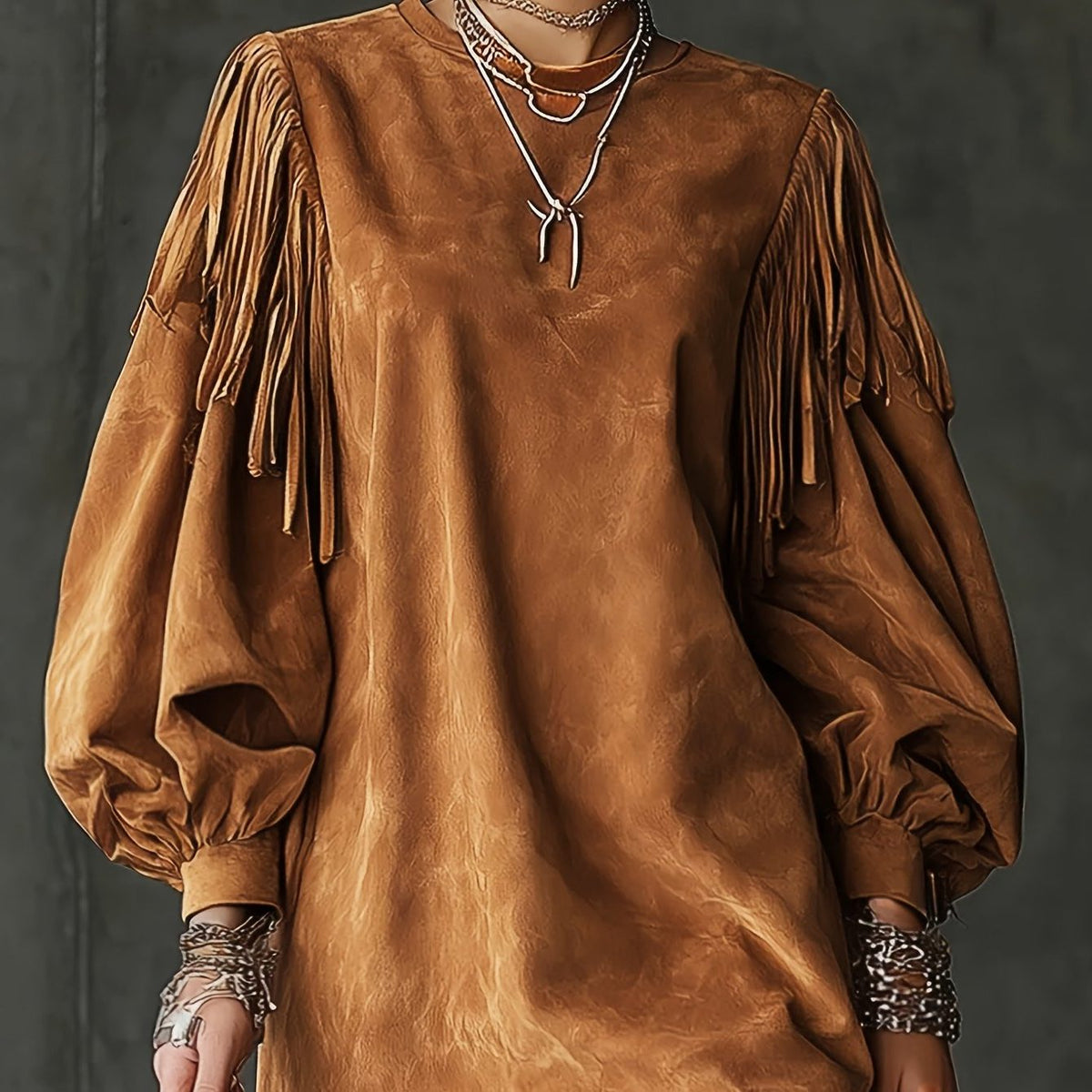 Tabitha | Suede Maxi Dress with Bell Sleeves and Fringe for Women