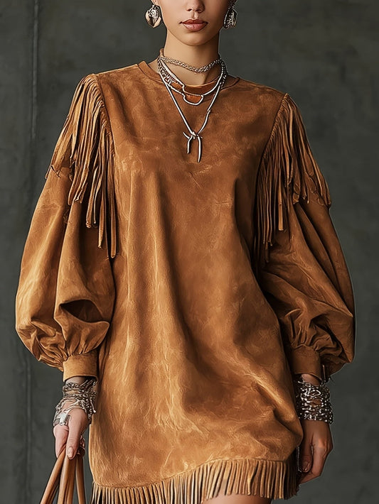 Tabitha | Suede Maxi Dress with Bell Sleeves and Fringe for Women
