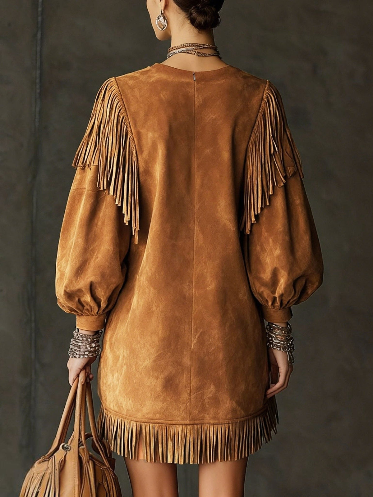 Tabitha | Suede Maxi Dress with Bell Sleeves and Fringe for Women