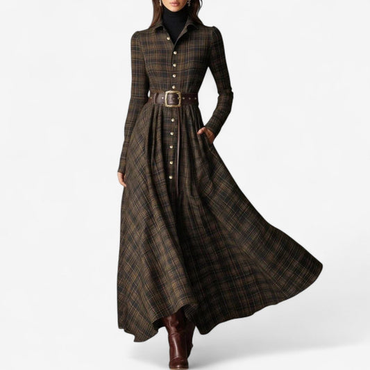 Violante | Plaid A-Line Maxi Dress with Long Sleeves for Women