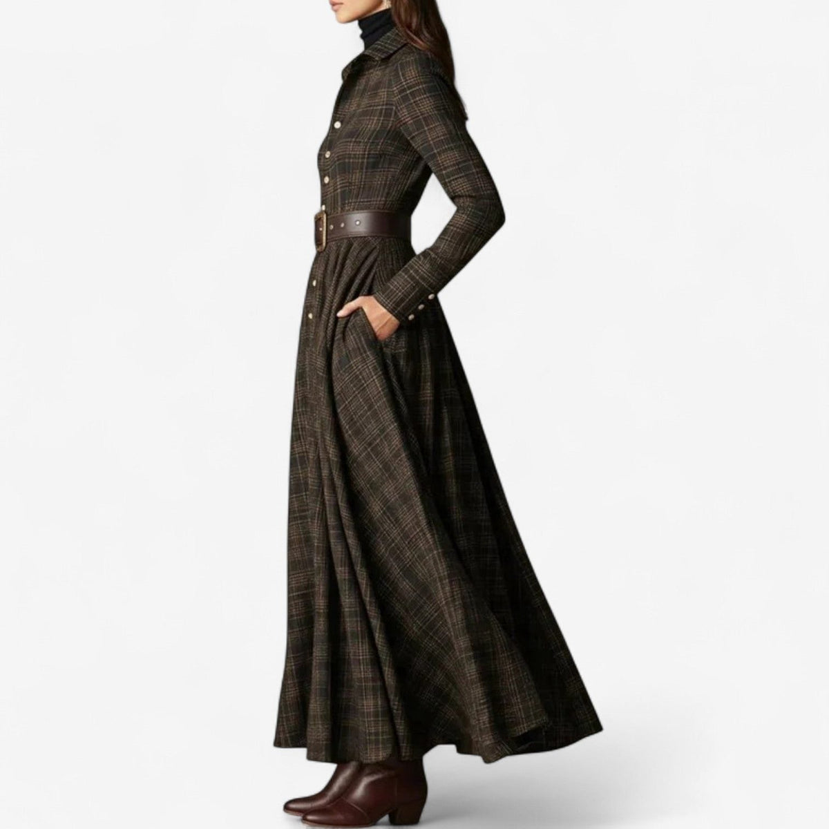Violante | Plaid A-Line Maxi Dress with Long Sleeves for Women
