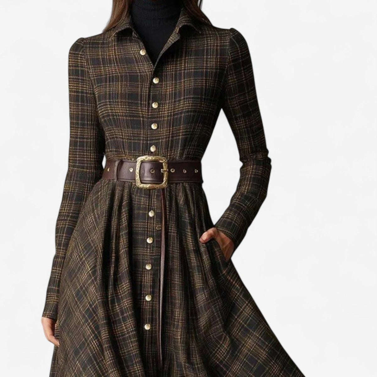 Violante | Plaid A-Line Maxi Dress with Long Sleeves for Women