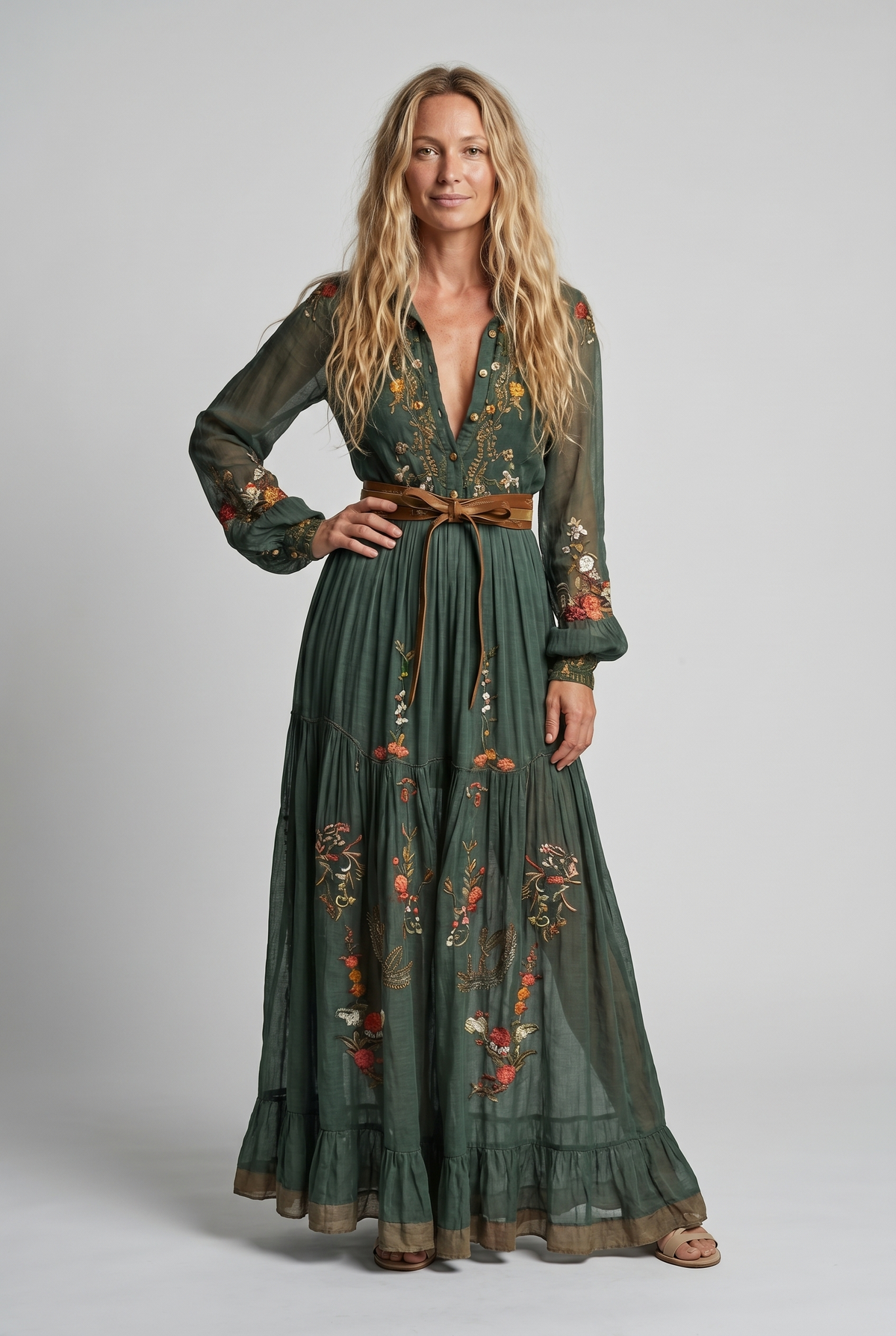 Tania | Embroidered Maxi Dress with V-Neck for Women