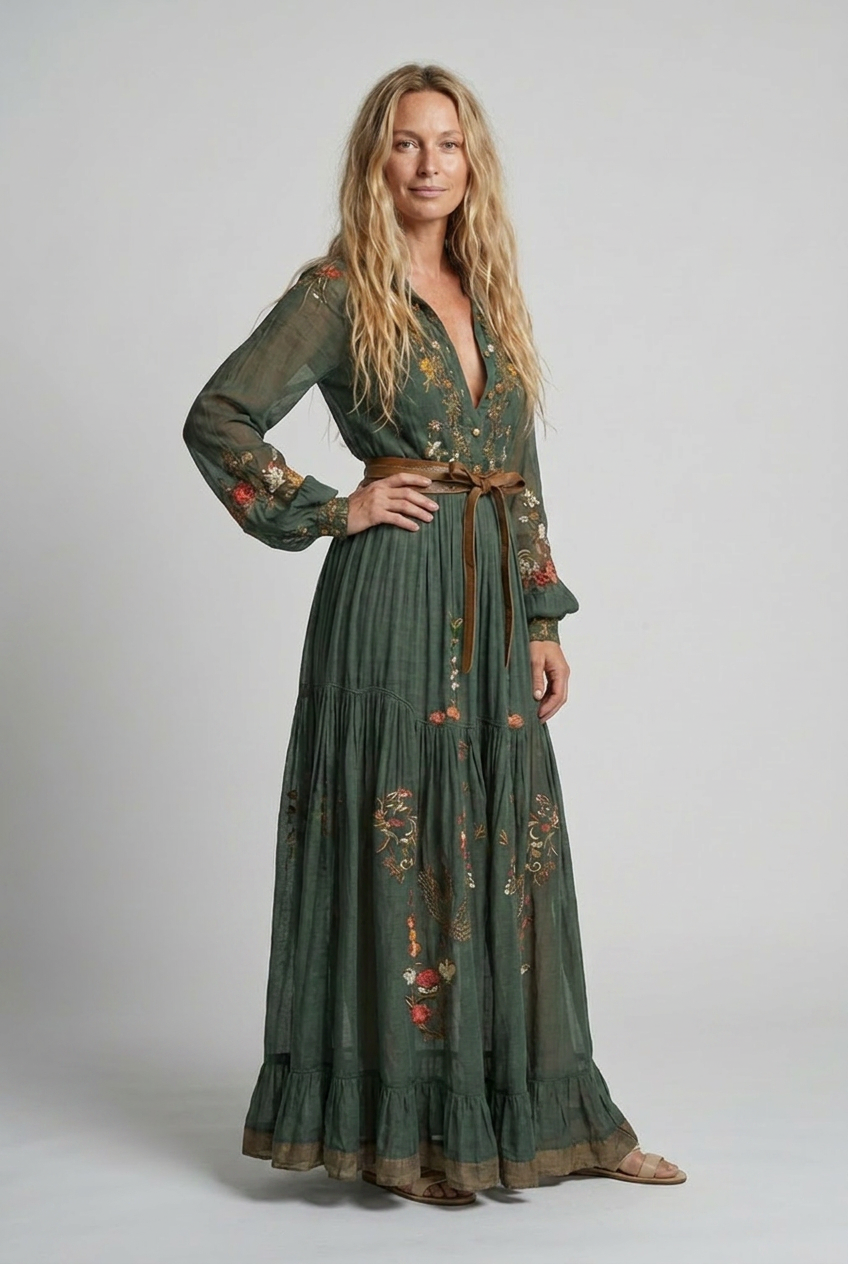 Tania | Embroidered Maxi Dress with V-Neck for Women