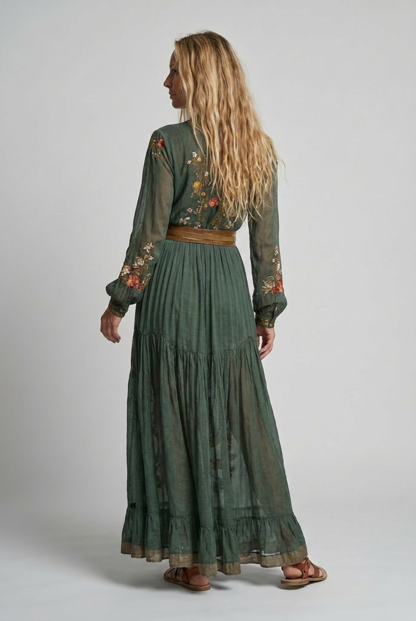 Tania | Embroidered Maxi Dress with V-Neck for Women