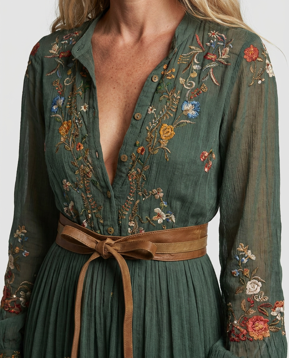 Tania | Embroidered Maxi Dress with V-Neck for Women