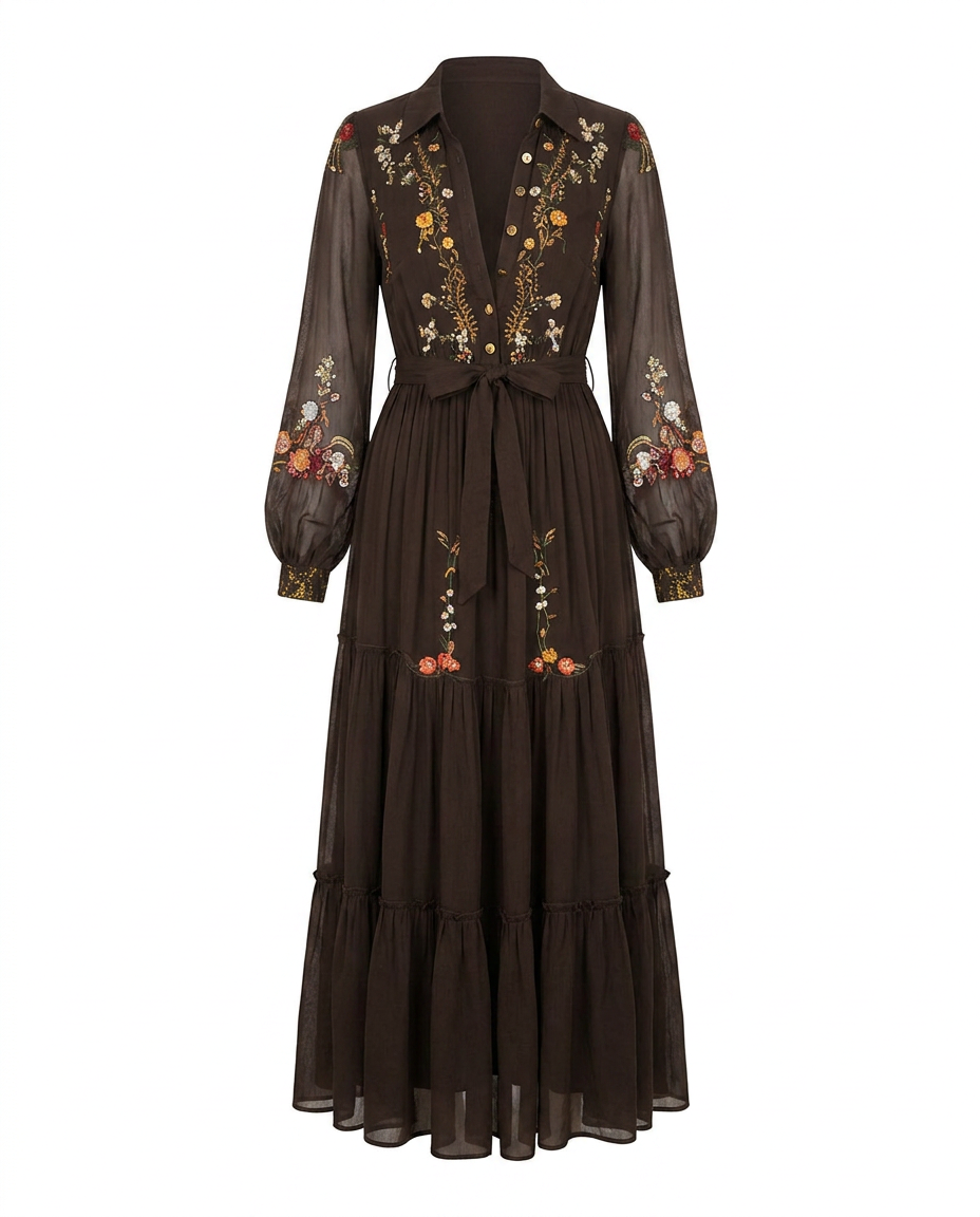 Tania | Embroidered Maxi Dress with V-Neck for Women