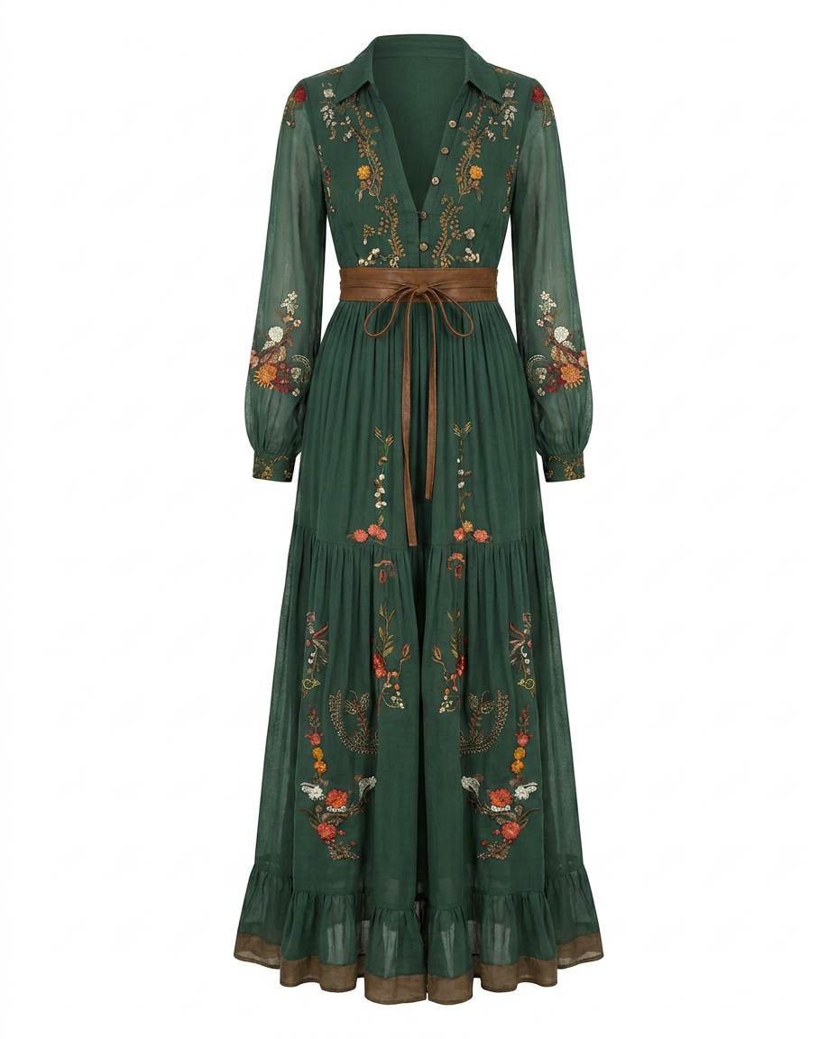 Tania | Embroidered Maxi Dress with V-Neck for Women
