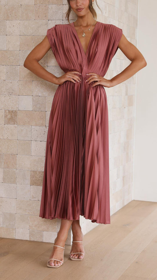 Kaitlyn | Pleated V-Neck Midi Wedding Guest Dress