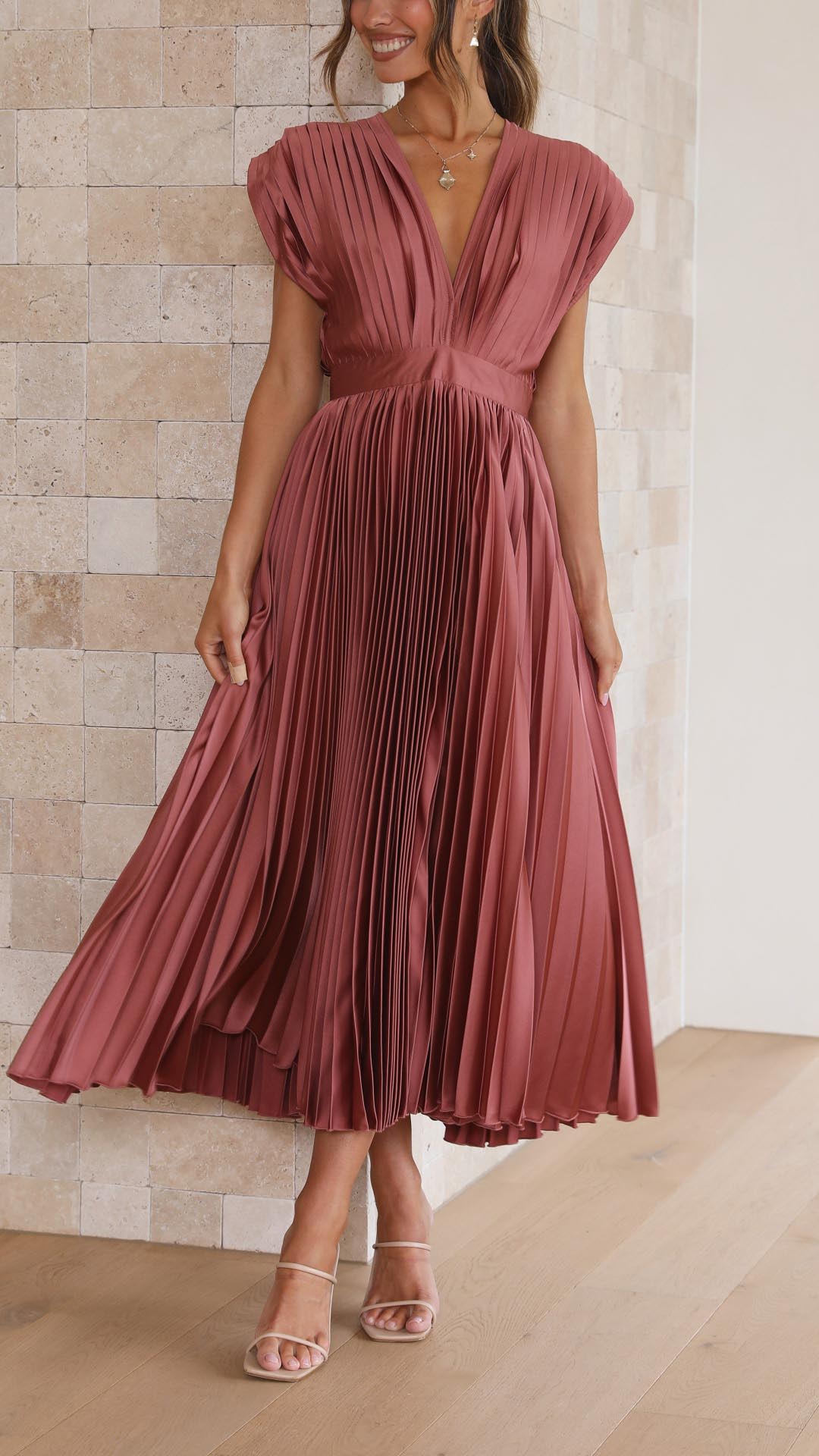 Kaitlyn | Pleated V-Neck Midi Wedding Guest Dress