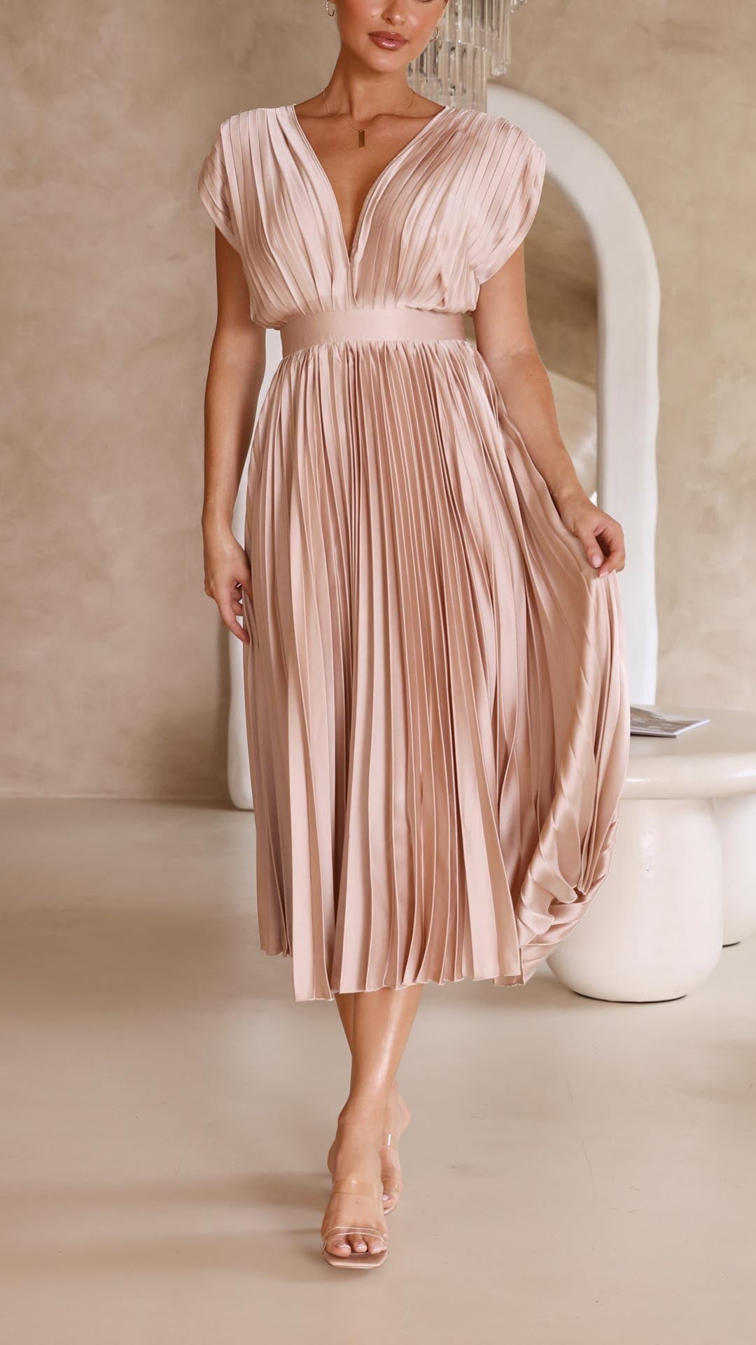 Kaitlyn | Pleated V-Neck Midi Wedding Guest Dress