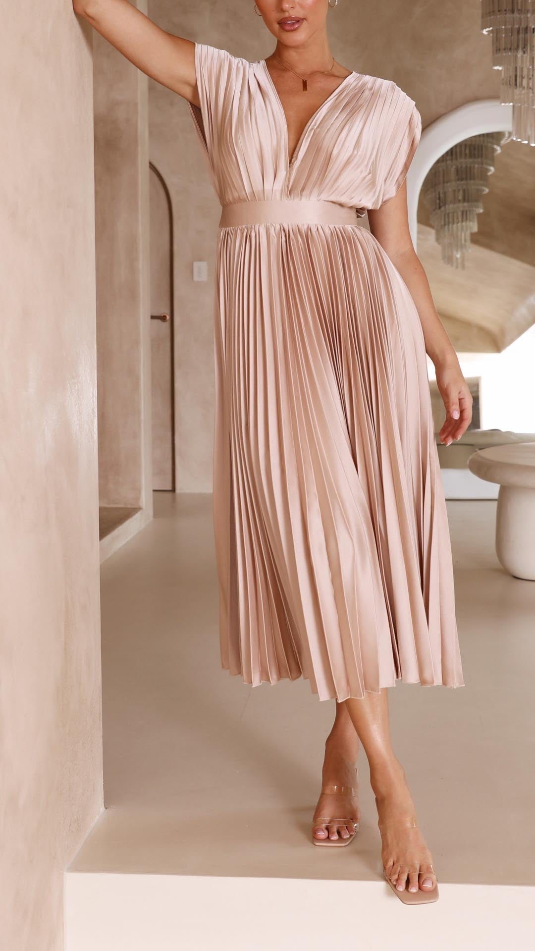 Kaitlyn | Pleated V-Neck Midi Wedding Guest Dress