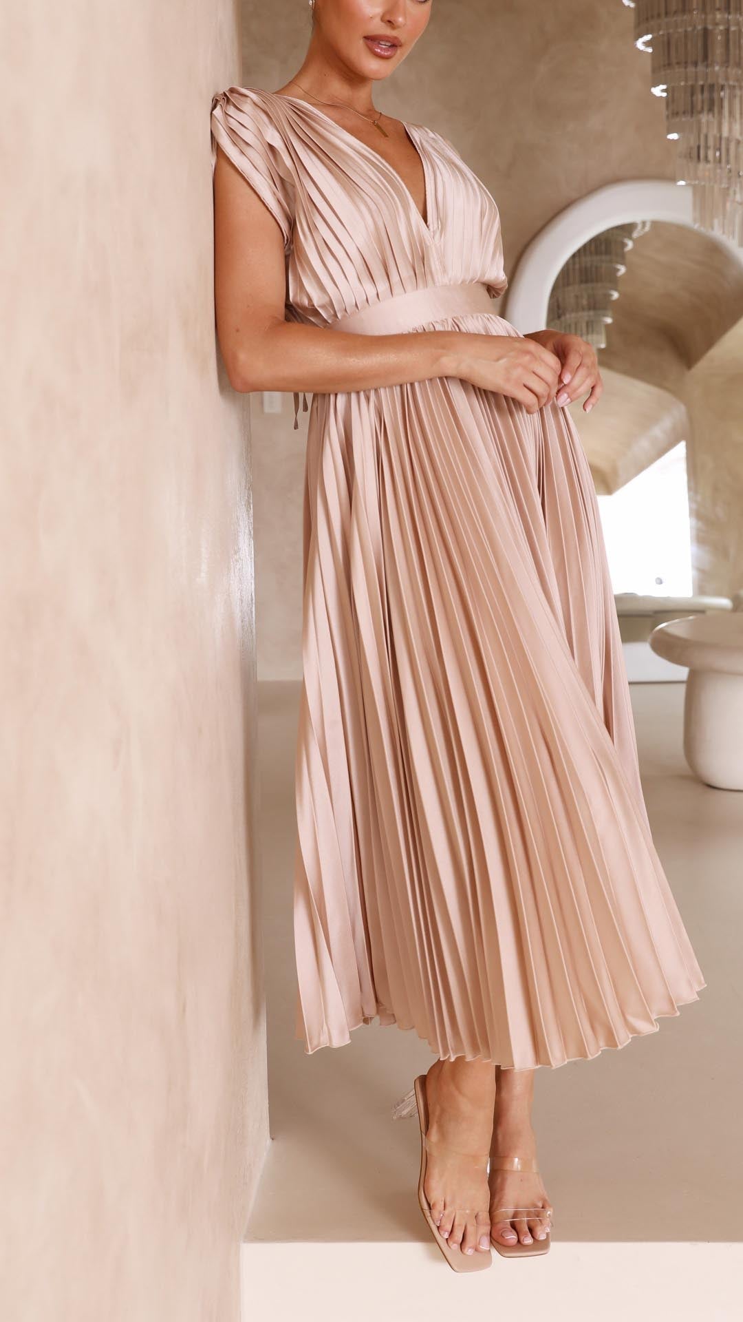 Kaitlyn | Pleated V-Neck Midi Wedding Guest Dress