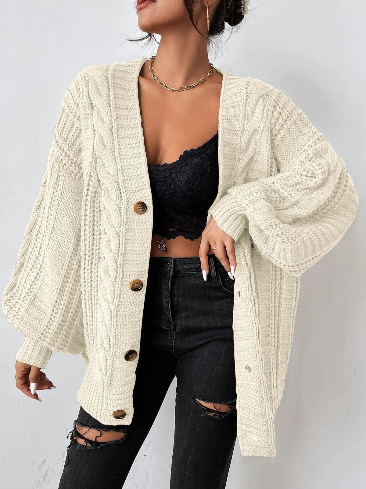 Zaina | Cable Knit Oversized Button-Down Cardigan for Women